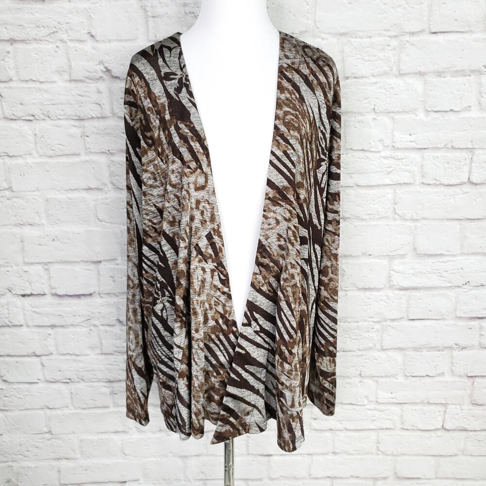 Chico's Easywear Sz 3 Brown Gray Shimmery Animal Print Jacket Chicos XL 16